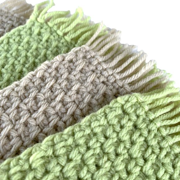 Mug Rugs Coasters Handmade Crochet Green Beige Fringe Vinyl Back Set of 4 - Picture 4 of 10